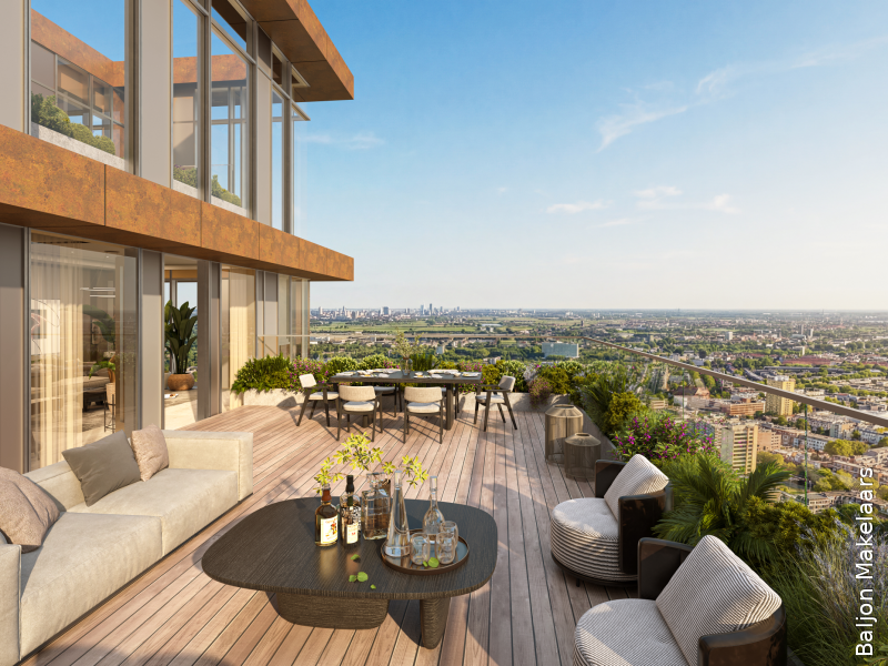 Balkon van een appartement in Tree House met uitzicht over Rotterdam