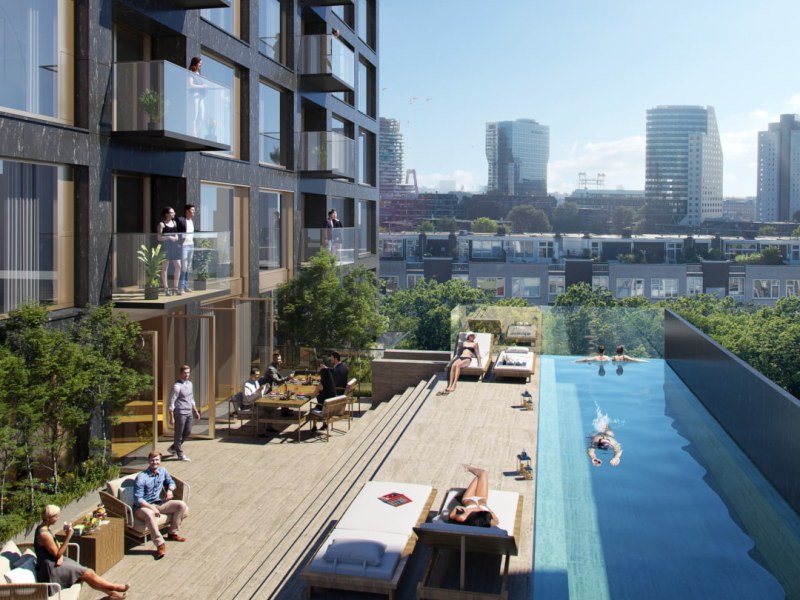 Artist impressie BaanTower met mensen op een terras en zwembad