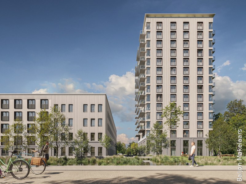 Impressie van Het Hoofdkwartier: houten woontoren met balkons en uitzicht op Rotterdam Oost